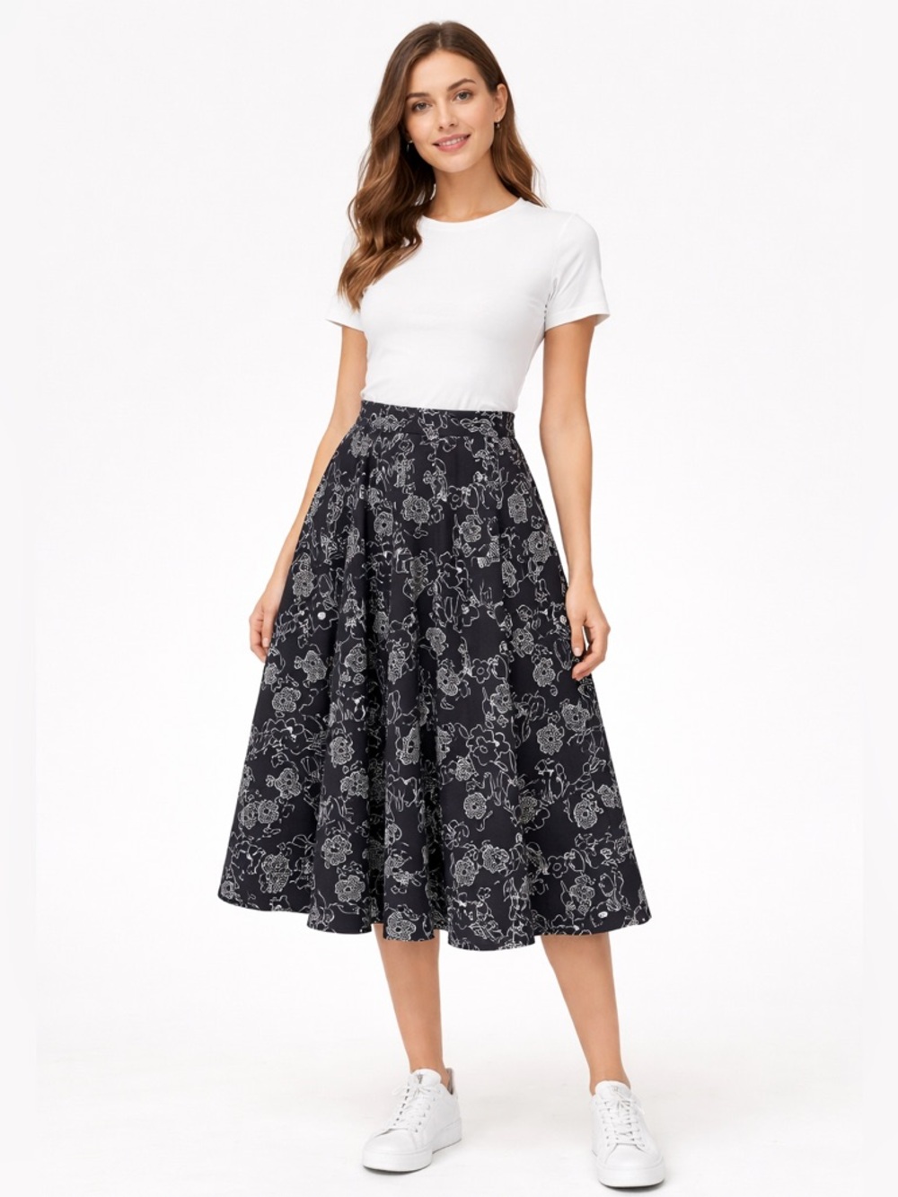 Mod cloth, black and white floral circle skirt pocket and lined